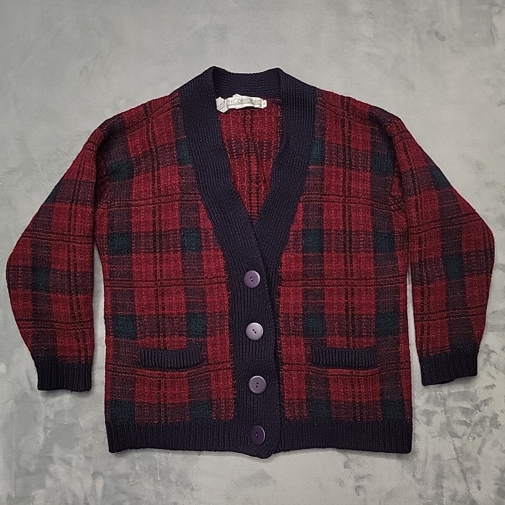 VTG JH Collectibles Sweater Womens L Red Plaid Cardigan Wool V-Neck Button Front